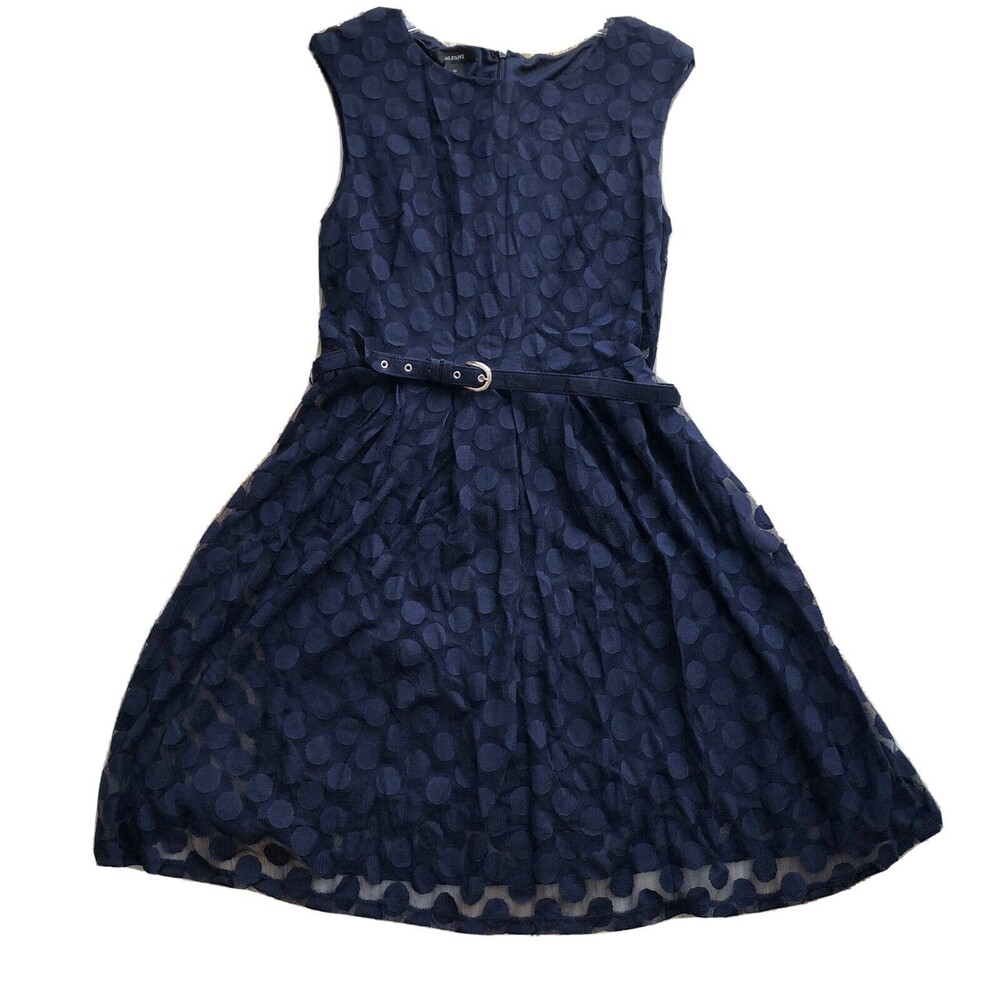 Alfani Dress Women’s size M sleeveless polka dark blue full lined with belt #